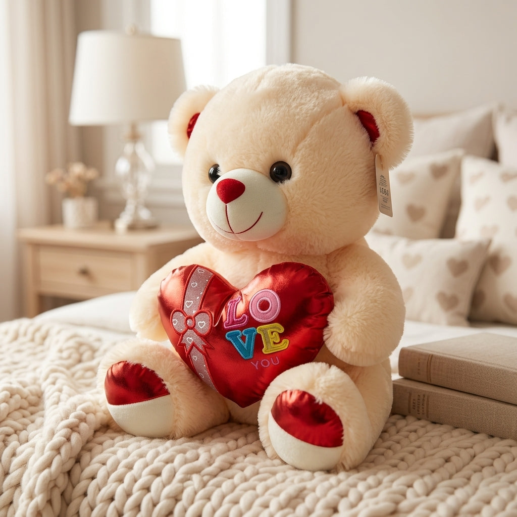 Cute Teddy Bear with Heart Pillow – Soft Plush Valentine Gift Teddy for Girlfriend & Loved Ones